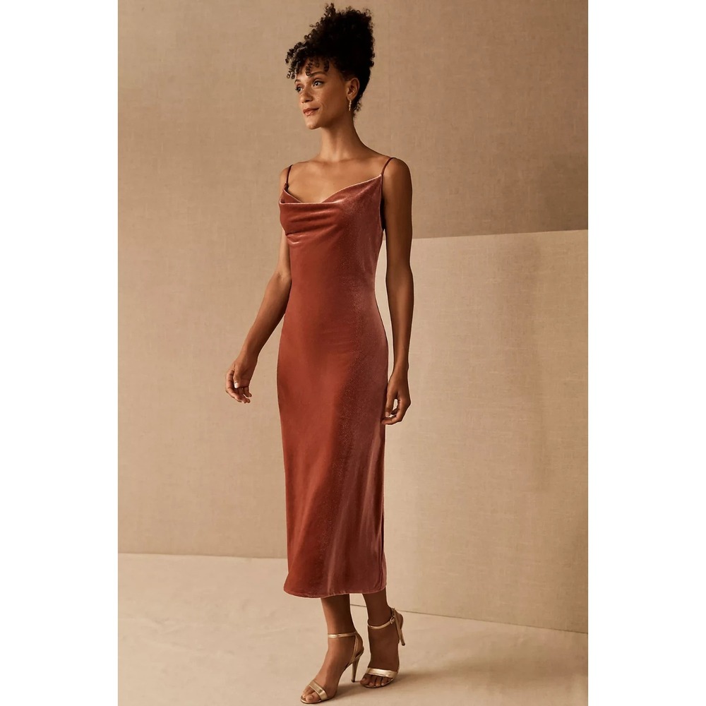 JENNY YOO Collection BENTLEY Velvet Cowl Neck Slip Midi Dress Copper Rose Size 6